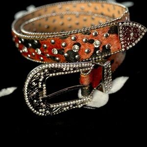 Studded Leather Belt with Rhinestone Buckle